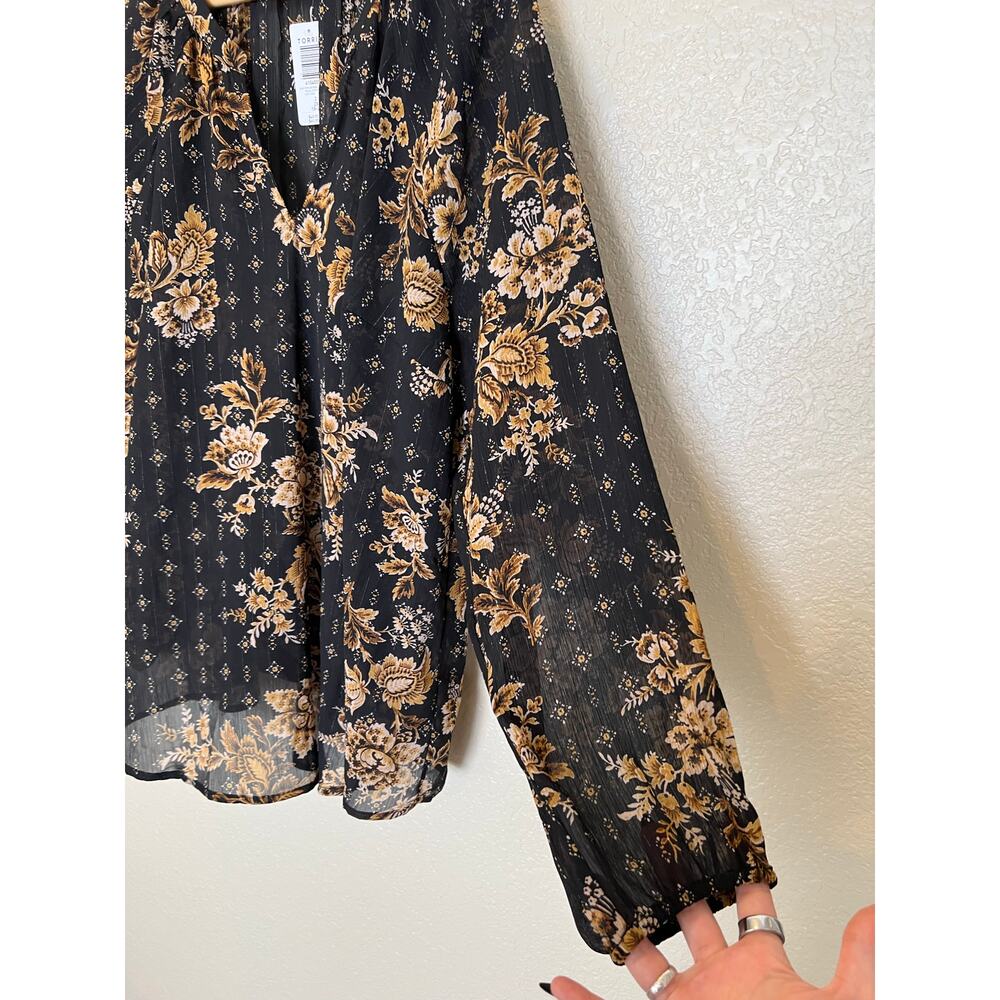 NEW Torrid Peasant Blouse Black Gold Floral Sheer Chiffon Peasant Long Sleeve 2X - Picture 3 of 7